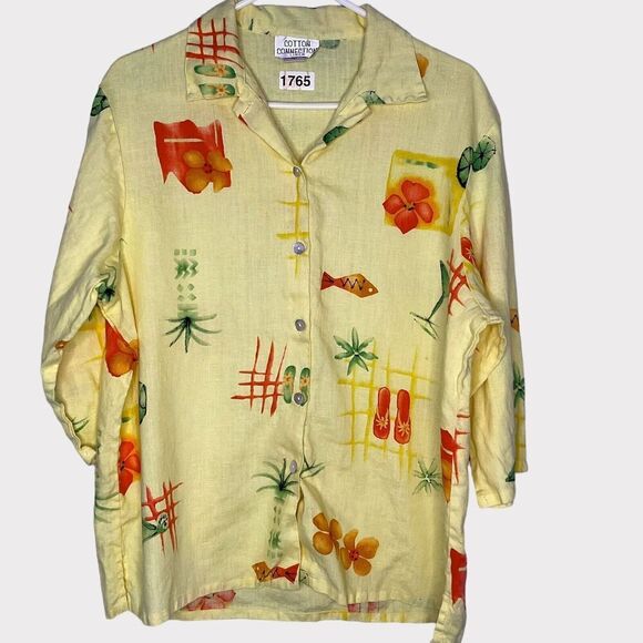 Vintage COTTON CONNECTION Shirt Womens XL 100%Linen Vacation Blouse Artsy Yellow - Picture 1 of 7
